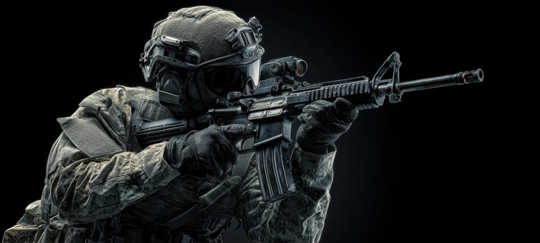 The soldier aiming with a rifle in tactical gear against a dark background photo