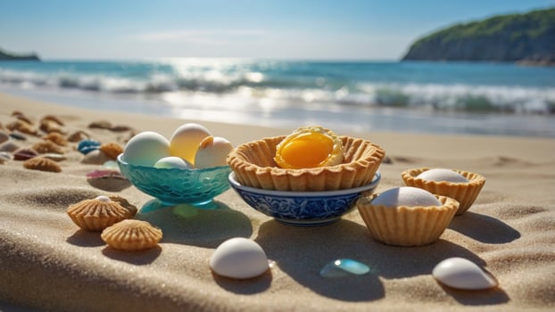 Colorful assortment of decorative eggs and pastries on a sandy beach with ocean waves in the background photo