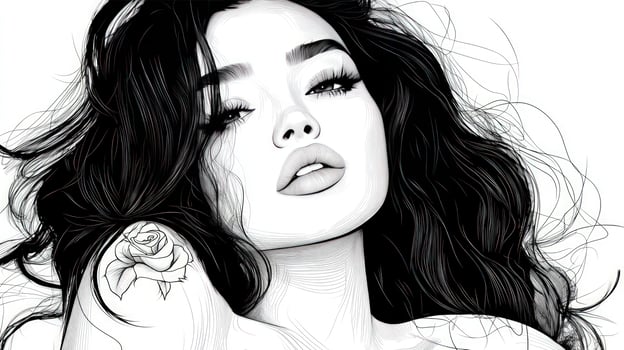 Monochromatic Beauty A Stunning Line Art Portrait of a Woman with a Rose Tattoo photo