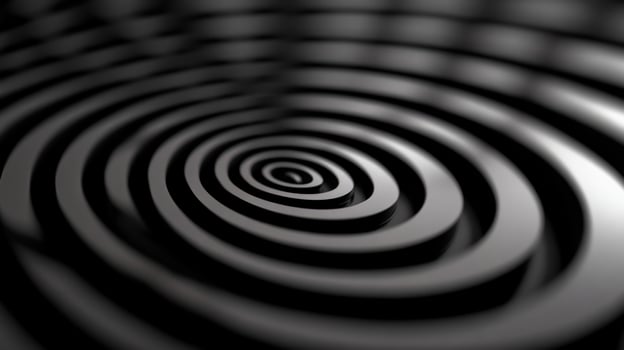 Abstract concentric circles in grayscale, hypnotic visual pattern, 3D rendered illustration, modern art, dark background. photo