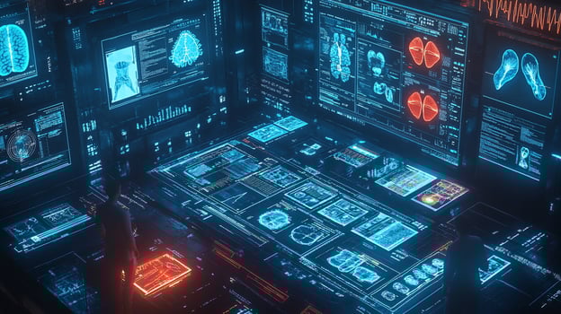 Futuristic medical control room with digital interfaces showing scans and data. photo
