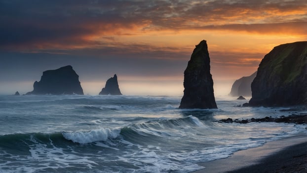 Serene coastal landscape at sunset with towering rock formations and gentle waves under a colorful sky photo