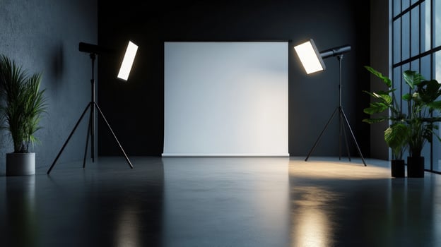 Modern Photo Studio Setup with Lighting Equipment and Plants