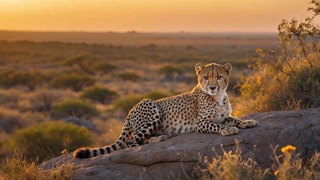 Cheetah resting on a rock at sunset in a vast savanna landscape, showcasing wildlife in nature photo