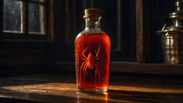A mysterious glass bottle filled with red liquid, featuring a spider design, on a wooden table in a dimly lit room photo