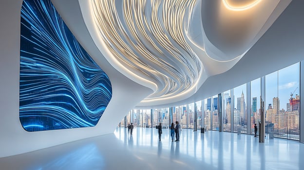 Futuristic lobby with panoramic city view, abstract art, and modern design. photo