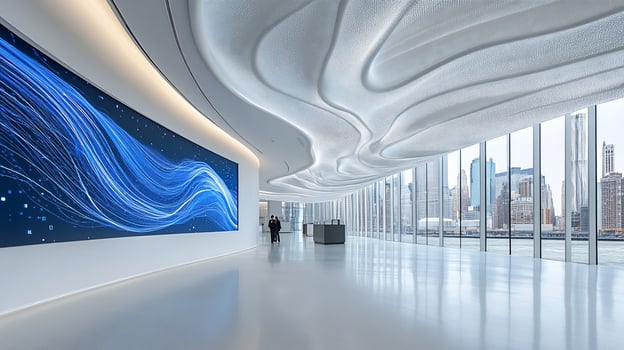 Modern office lobby with city view, abstract art, and flowing ceiling design. photo
