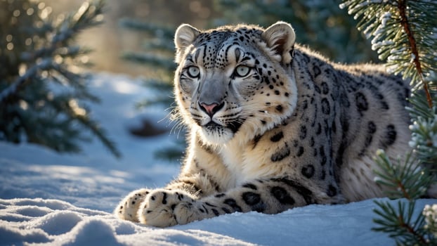 Majestic snow leopard resting in a snowy landscape, surrounded by evergreen trees, capturing the beauty of wildlife in winter photo