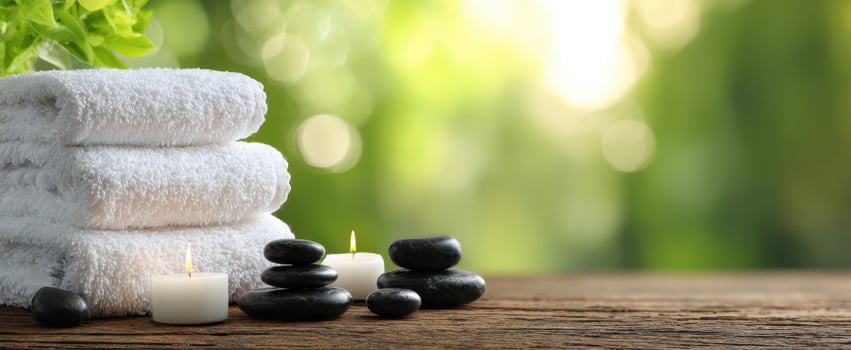 The serene spa setting with towels, stones, and calming candles. photo