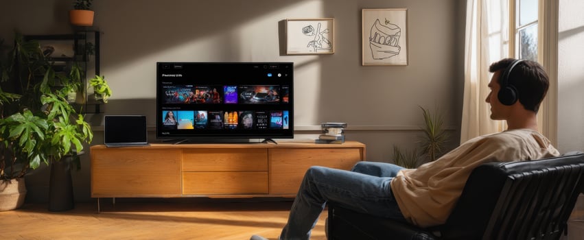 The modern home theater setup featuring a man enjoying streaming entertainment. photo