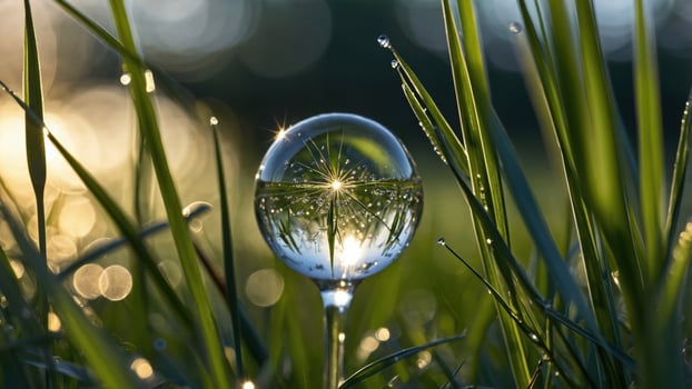 A crystal-clear droplet resting on vibrant green grass, reflecting sunlight and surrounding nature photo