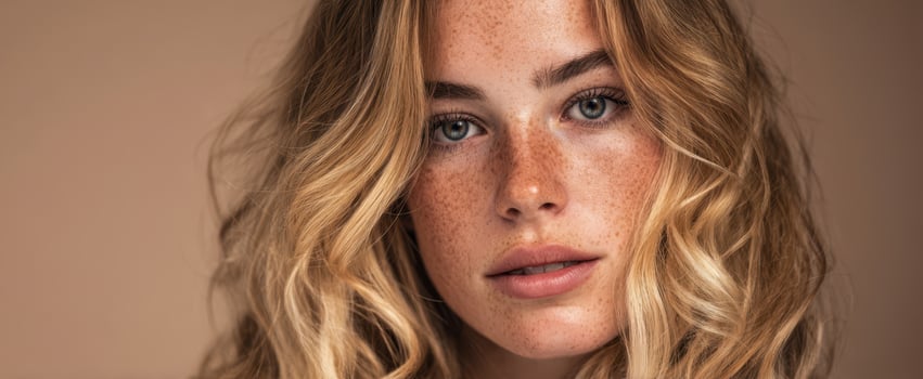 The enchanting portrait of a young woman with captivating freckles and curly hair. photo