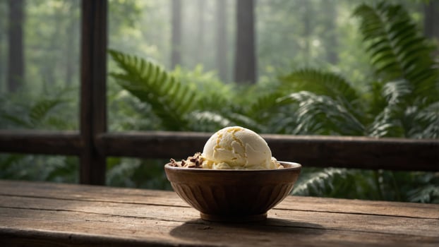 A delicious bowl of vanilla ice cream topped with chocolate syrup, set on a wooden table in a lush forest photo