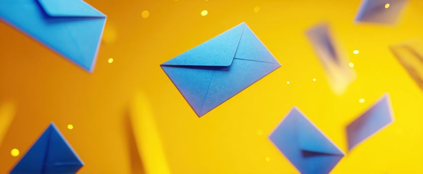 The Envelopes Floating Against a Bright Yellow Background in an Abstract Style. photo