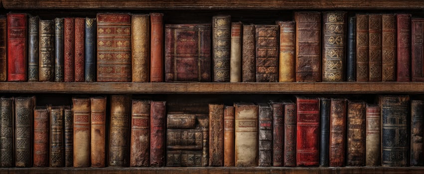 The collection of antique leather-bound books on wooden shelves. photo