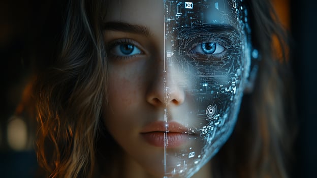 Womans face merging with futuristic technology overlay. photo