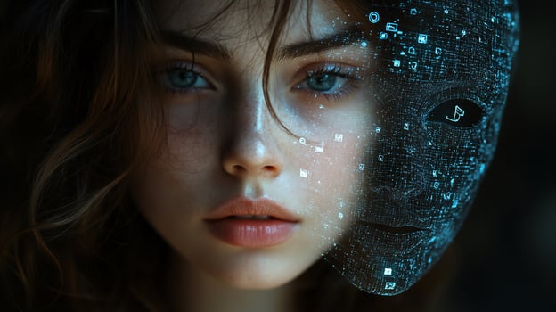 Womans face merging with digital mask, futuristic concept. photo