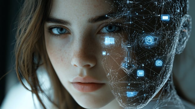 Womans face merging with digital network interface. photo