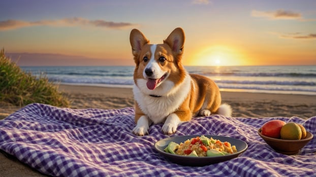 Happy corgi dog lying on a picnic blanket at sunset beach, enjoying a meal with fruits nearby photo
