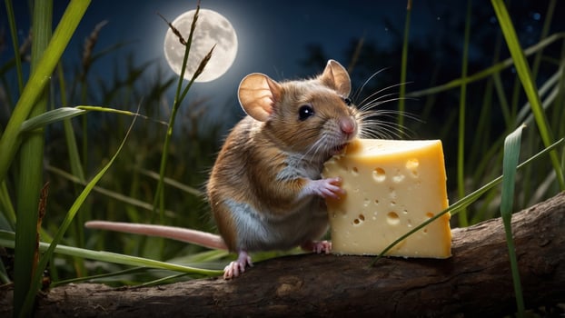 A small mouse enjoying a piece of cheese under a bright moonlight in a grassy field at night photo