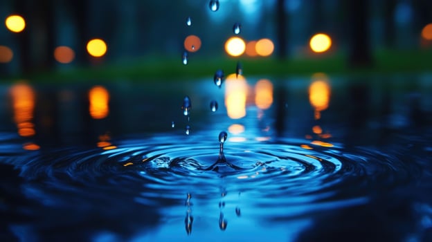 Night Water Drop Reflection Serene Blue Ripples in Urban Setting photo