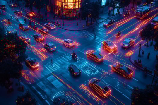 Night city intersection with cars, light trails, and pedestrians. photo