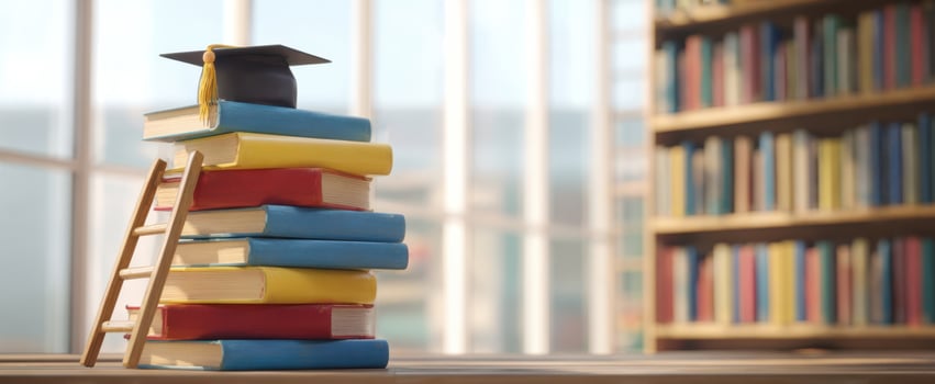 The stack of colorful books topped with a graduation cap in a library. photo