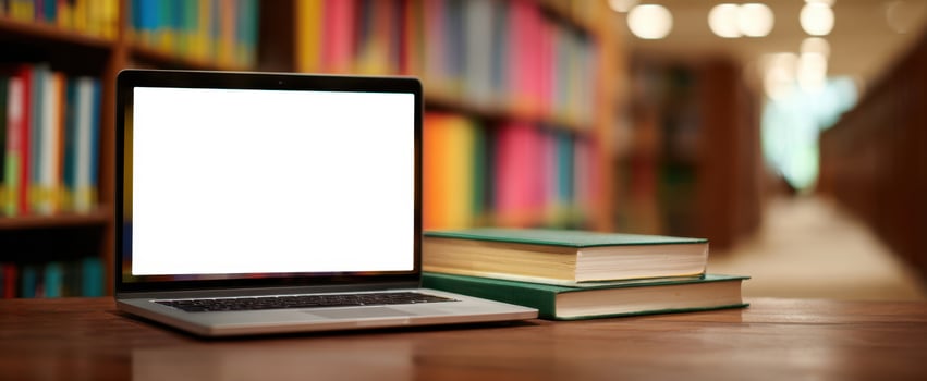 The laptop and books in a tranquil library environment for study. photo