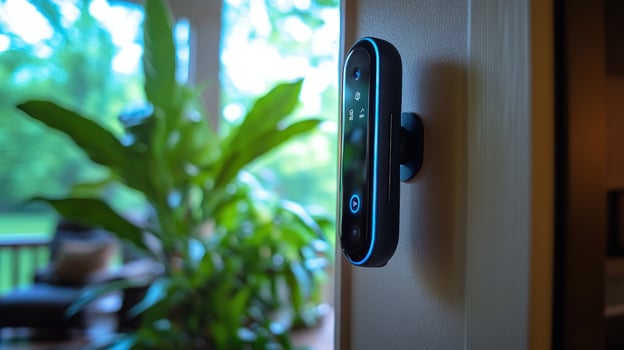 Smart Home Security Device Alexa enabled doorbell, modern interior design, convenient home technology. photo