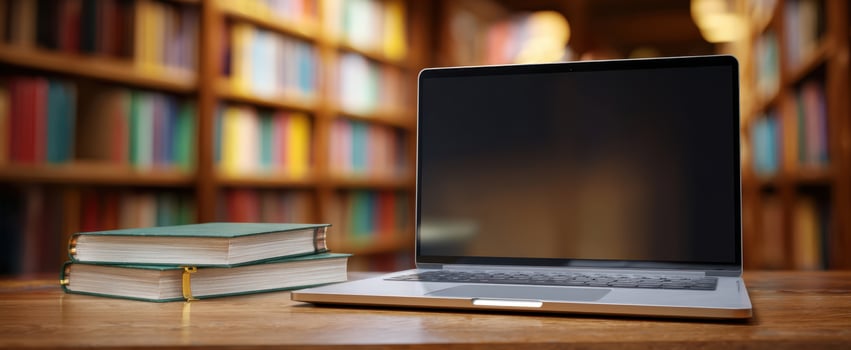 The laptop and books set in a serene library environment. photo