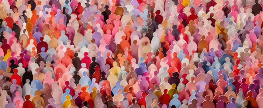The diverse crowd of silhouettes representing unity and community in vibrant colors. photo