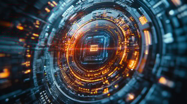 Abstract technological circular structure with glowing orange and blue elements. photo