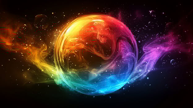Vibrant rainbow sphere with swirling smoke and light effects. photo