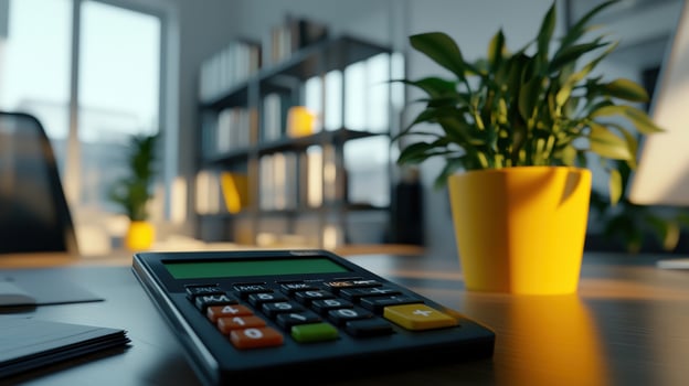 Modern Office Calculator and Plant, Desk Workspace photo