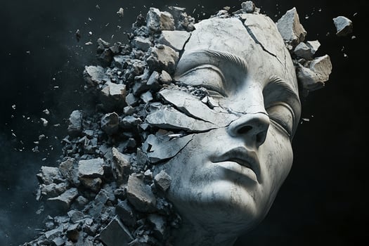 Crumbling stone face, serene expression amidst disintegration. photo