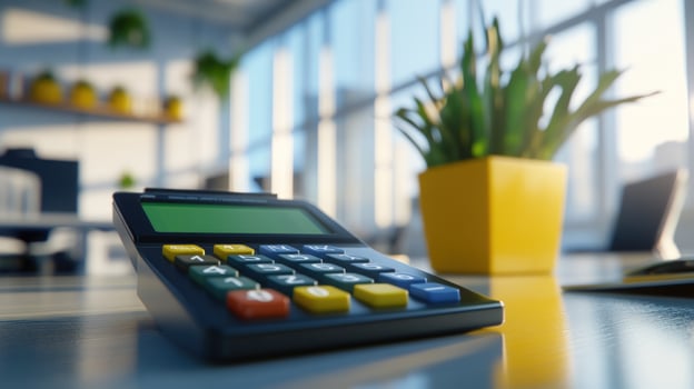 Calculator on Desk in Modern Office with Bright Sunlight photo