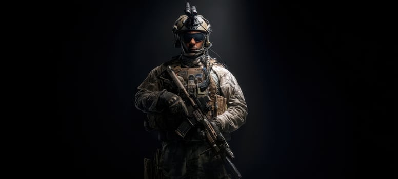 The soldier stands confidently in tactical gear against a dark background. photo