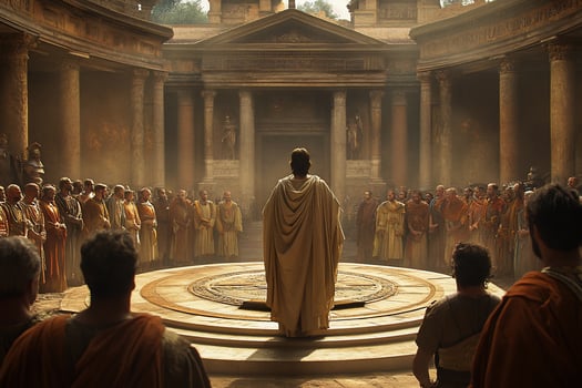 Man in toga addresses a crowd in a Romanstyle building. photo