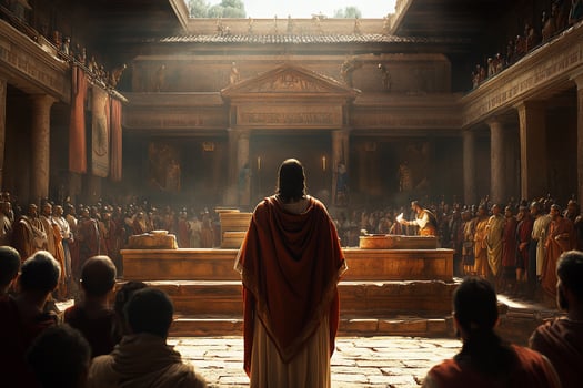 Man addressing large crowd in ancient Roman courtyard. photo