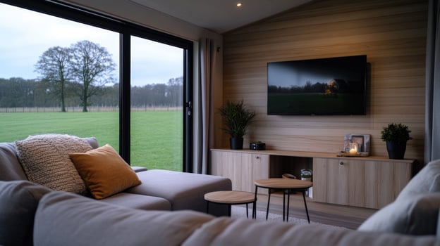 Modern Cabin Living Room with Stunning Nature View photo