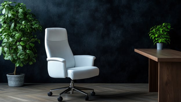 Modern Office Interior Design White Leather Chair and Dark Wall photo