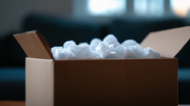 Mysterious Package Cardboard Box Filled with White Packing Material photo