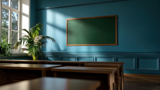 Serene Classroom Sunlight Illuminates an Empty Teal Room with Wooden Desks and a Green Blackboard photo