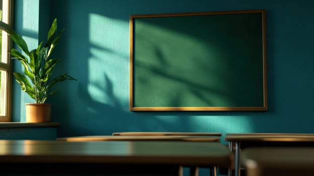 Sunlit Classroom Empty Desks and a Blackboard photo