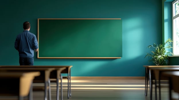 A solitary teacher stands before an empty classroom, contemplating the day ahead. The teal walls and simple wooden desks create a serene atmosphere of quiet anticipation. photo