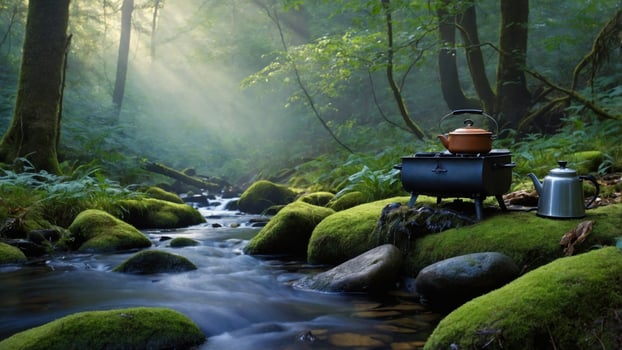 Tranquil camping scene by a forest stream with a kettle on a stove amidst lush greenery photo