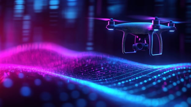 Futuristic Drone Soaring Over a Neon Wave photo