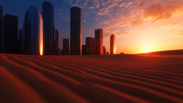Desert Metropolis Sunset Skyscrapers Silhouette Against Vibrant Sky photo