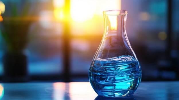 Blue Liquid in Glass Vessel at Sunset photo