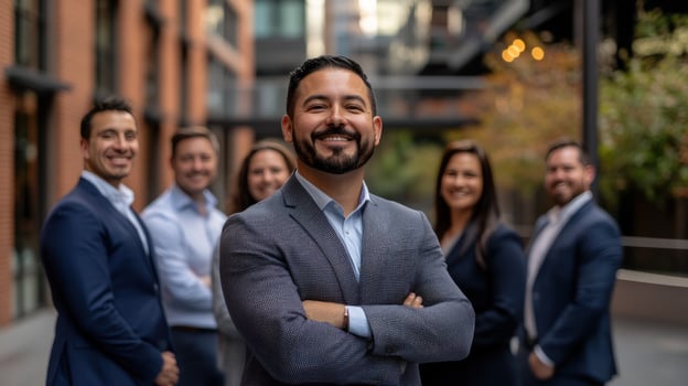 a group of business people standing in front of a building photo